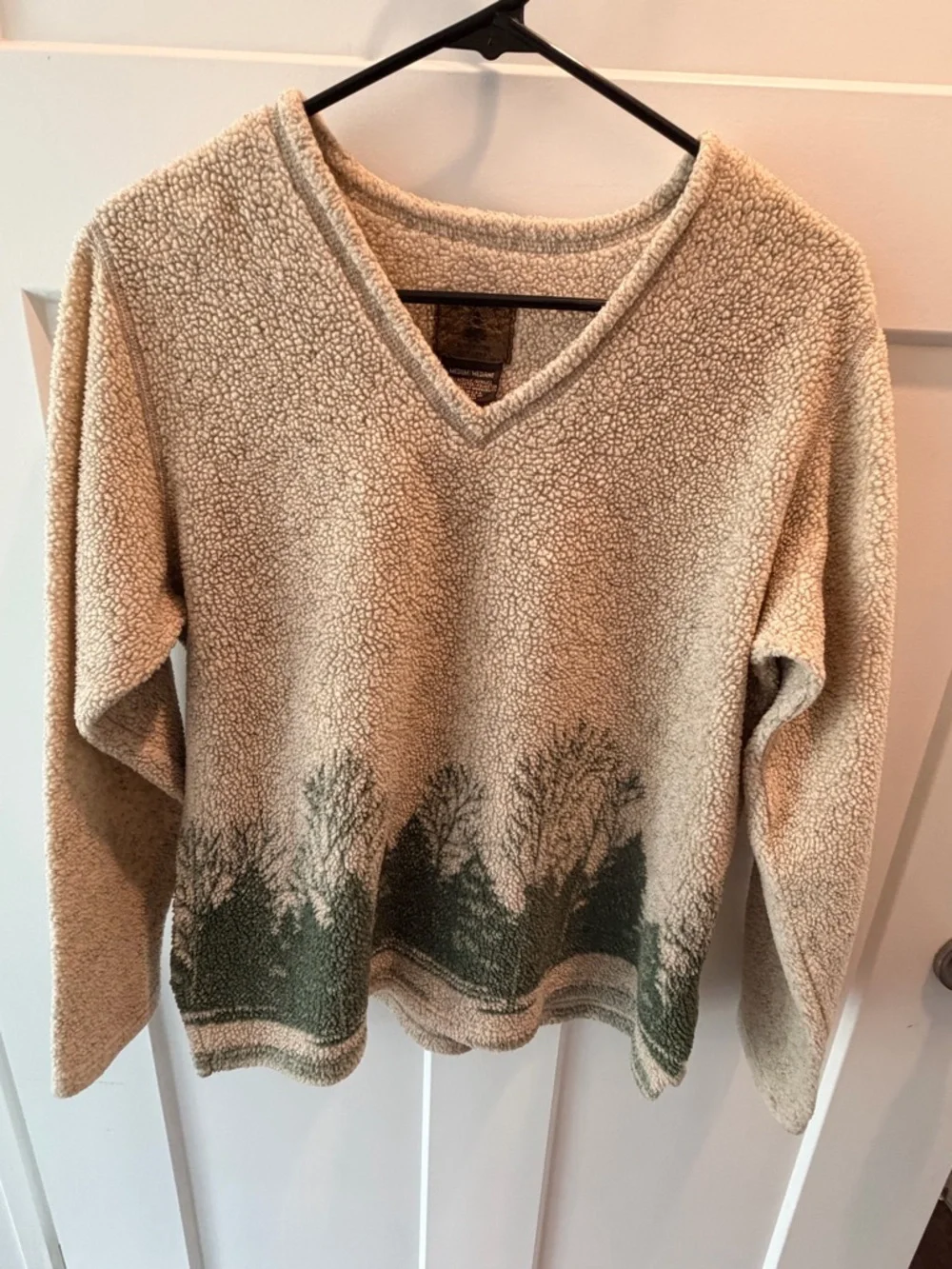 St John’s Bay Sherpa Sweater M Beige Forest Print Cozy Fleece Pullover